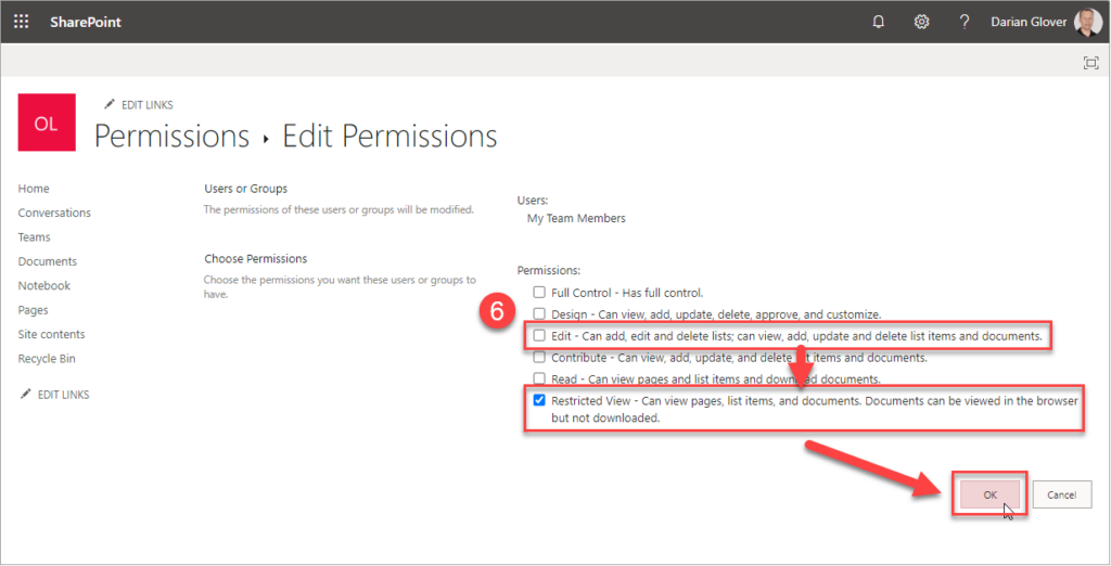 A screen capture of setting permissions to Restricted View.