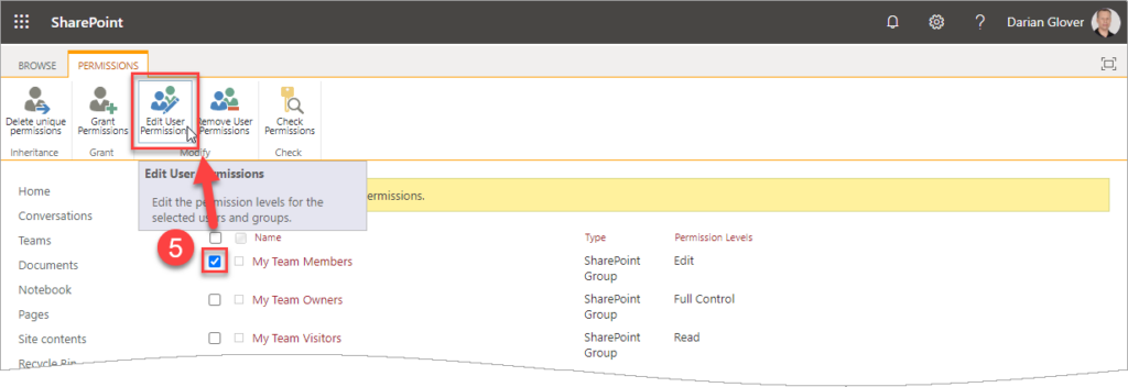 A screen capture of navigating to Edit User Permissions for the Members group.