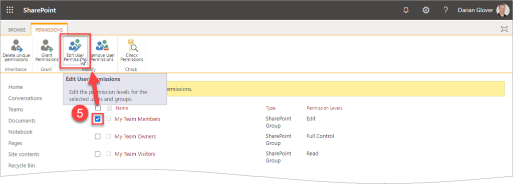 A screen capture of navigating to Edit User Permissions for the Members group.