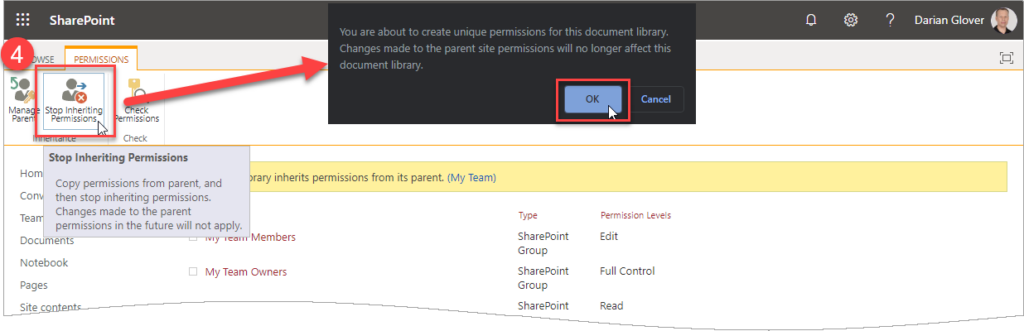 A screen capture of breaking permission inheritance for the library.