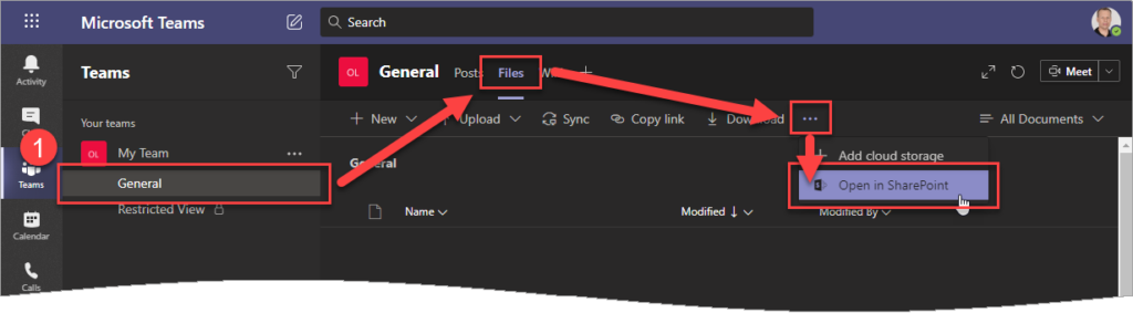 Screen capture of opening Teams channel files in SharePoint
