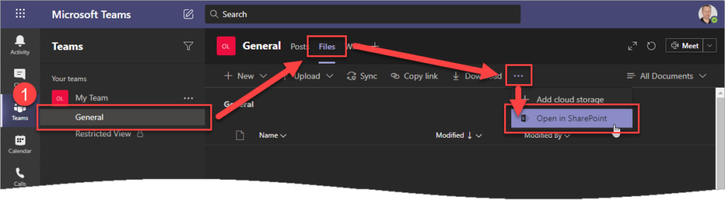 Screen capture of opening a Teams channel files in SharePoint.